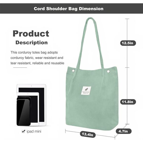 Women Pea Green Imported Corduroy Small Canvas Shoulder Handy Tote Bag - Picture 3 of 4